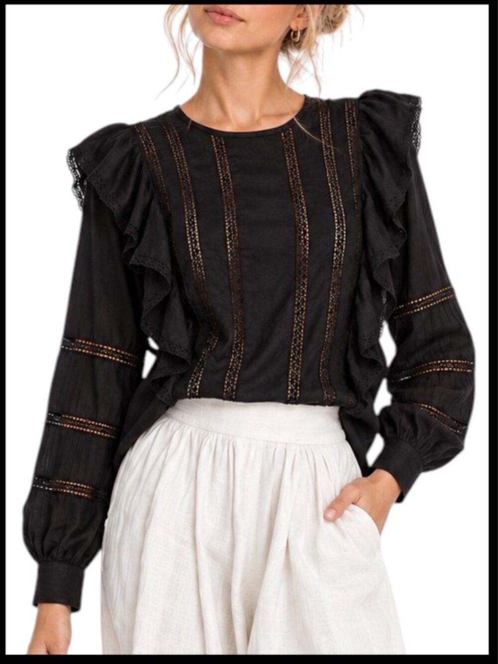 LoveShackFancy Devika Blouse Black Lace Ruffle Size S